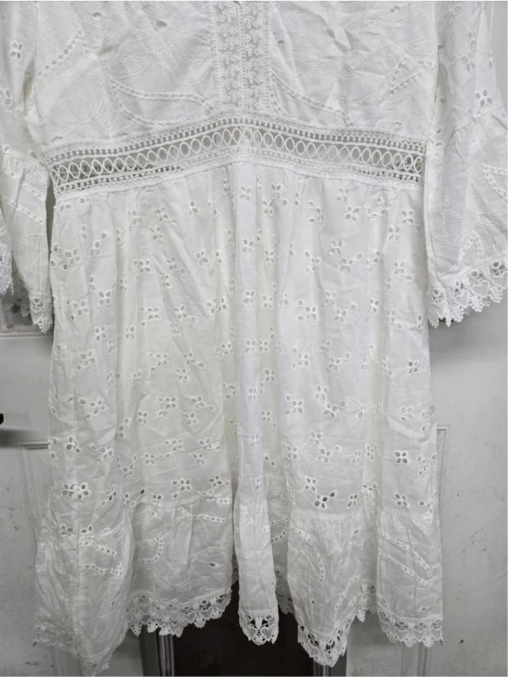Women's Boho Dress White Eyelet Mini Dress XL